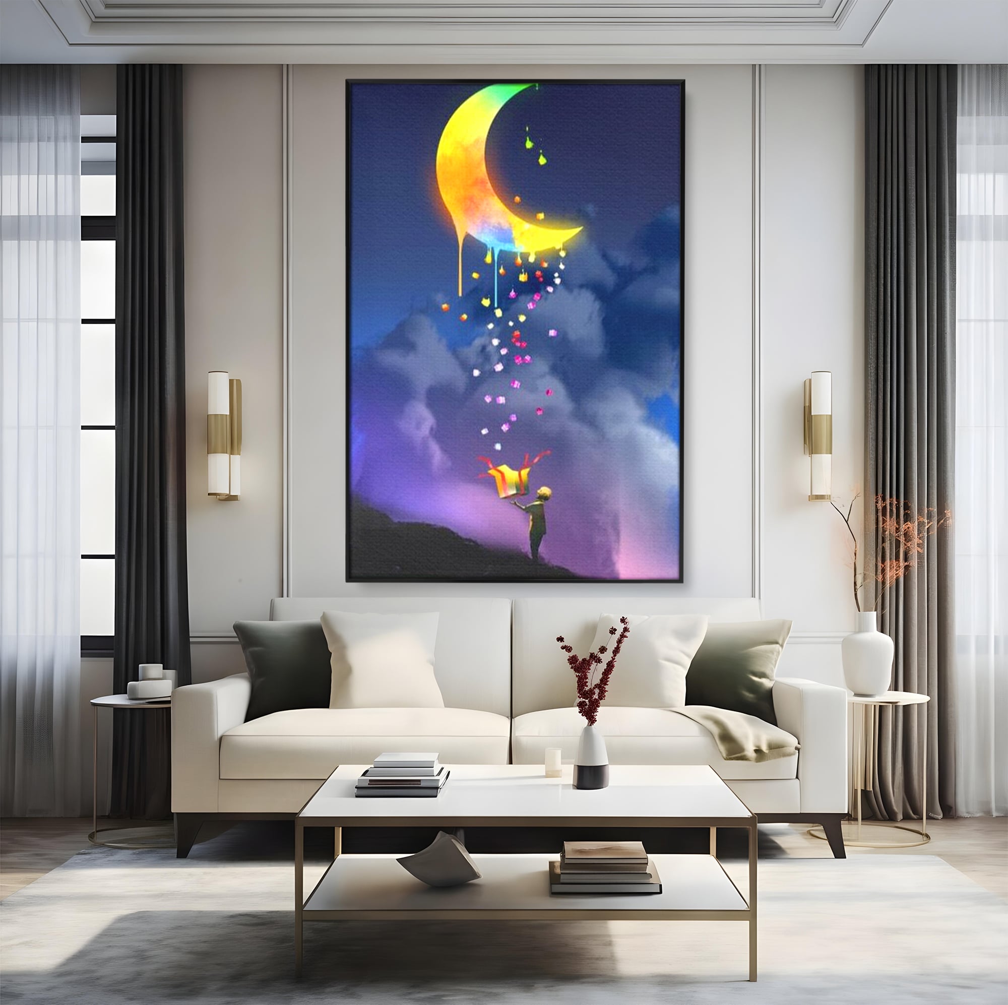 Tablou canvas cu ilustratie cu copil si luna curcubeu, in rama de aluminiu negru, pe perete intr-un living